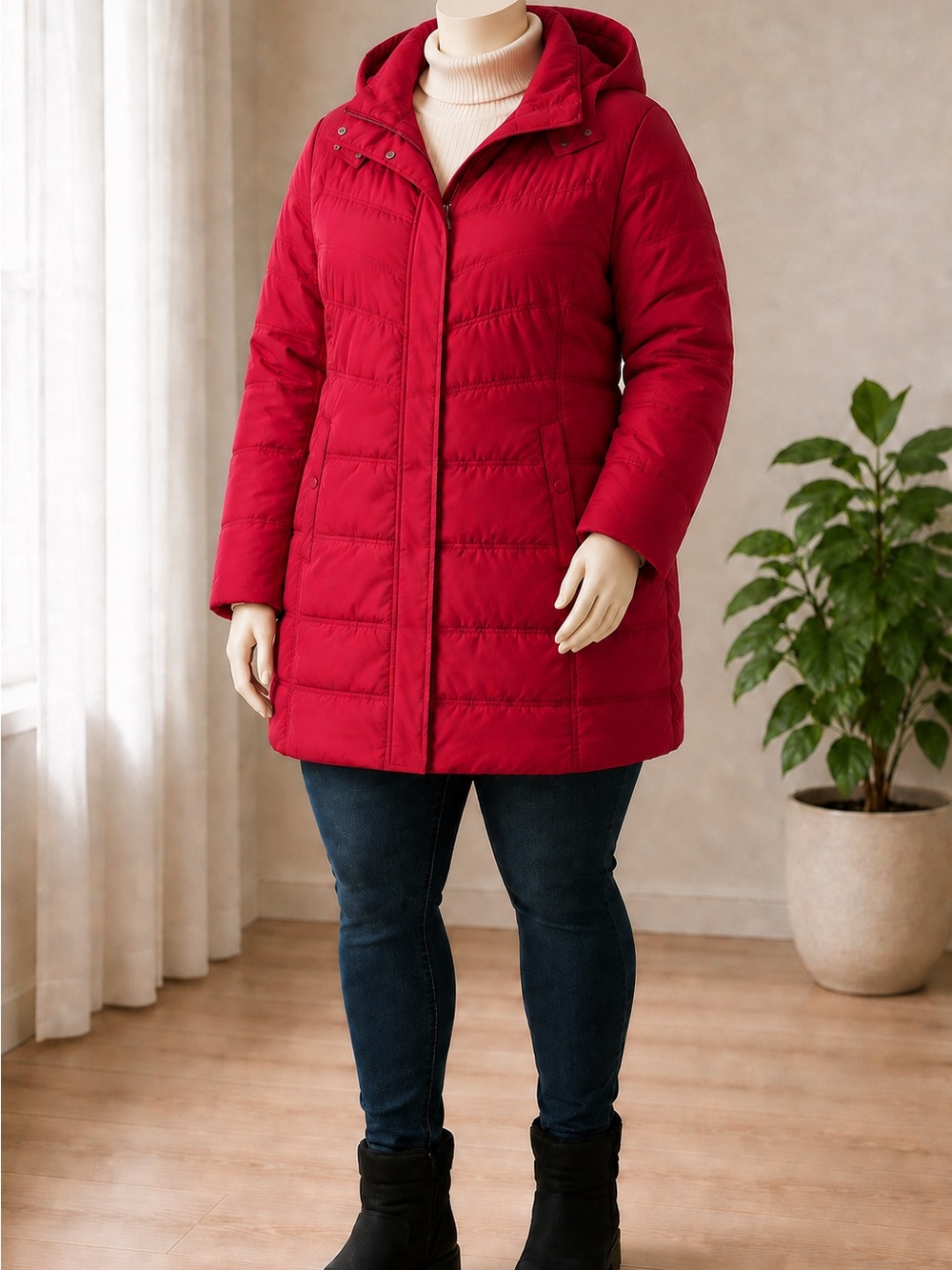 St. John's Bay Women's Hooded Quilted Puffer Coat in Red